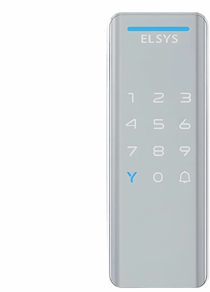 Visão frontal da fechadura digital Elsys DS1100V cinza e prata isolada em fundo branco, destacando o teclado retroiluminado com a barra de LED azul superior e logotipo Elsys.