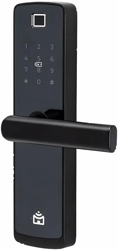 Visão em perspectiva da fechadura digital Positivo Casa Inteligente preta, com leitor de biometria no topo e teclado numérico retroiluminado.