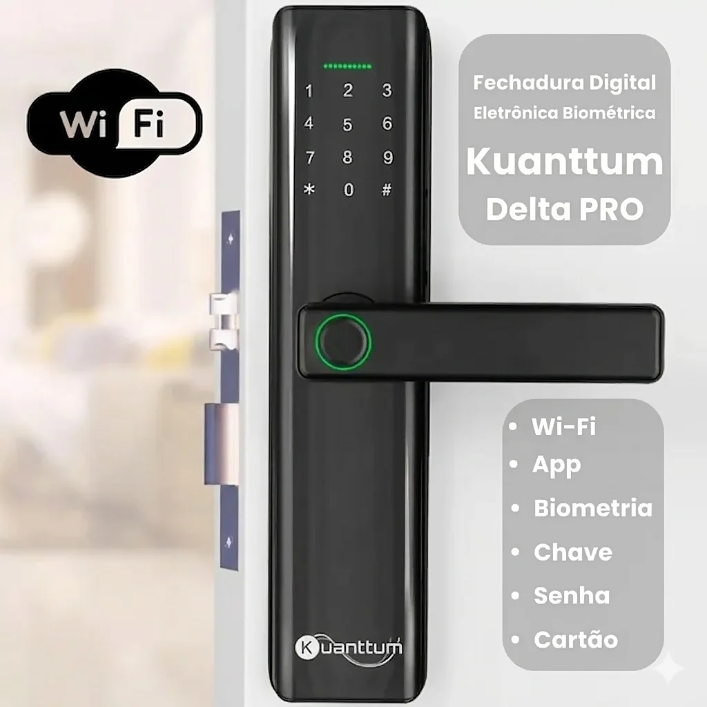 Fechadura digital preta da marca Kuanttum com leitor biométrico no puxador, teclado numérico touch e conexão Wi-Fi.