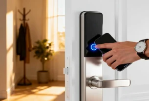 Mão encostando smartphone em uma fechadura eletrônica moderna instalada em porta branca residencial.