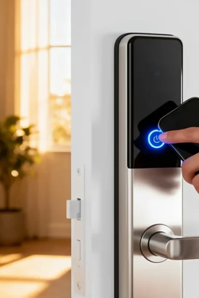 Mão encostando smartphone em uma fechadura eletrônica moderna instalada em porta branca residencial.