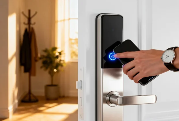Mão encostando smartphone em uma fechadura eletrônica moderna instalada em porta branca residencial.