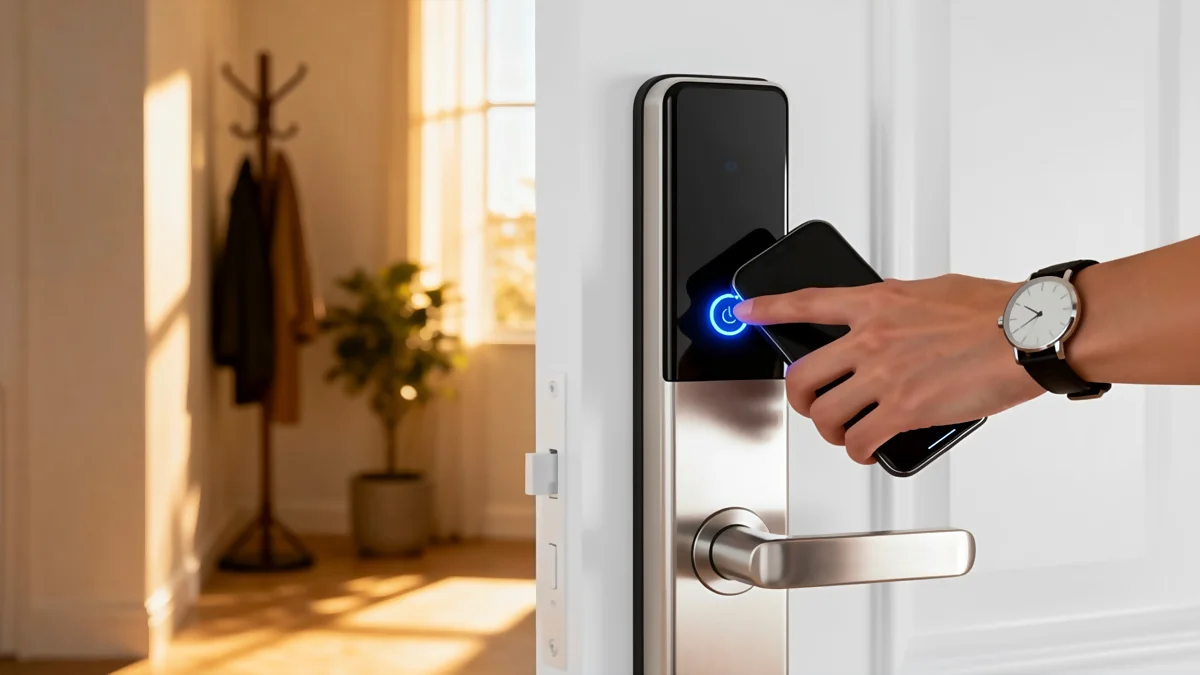 Mão encostando smartphone em uma fechadura eletrônica moderna instalada em porta branca residencial.